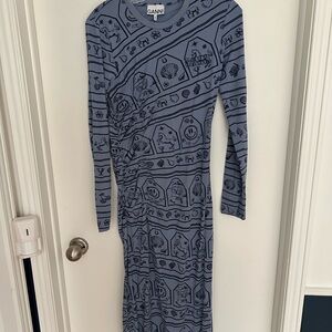 Ganni Long Sleeve Dress in Blue with Graphic Patterns